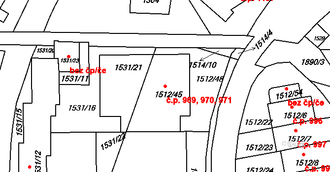 Podolí 969,970,971, Praha na parcele st. 1512/47 v KÚ Podolí, Katastrální mapa