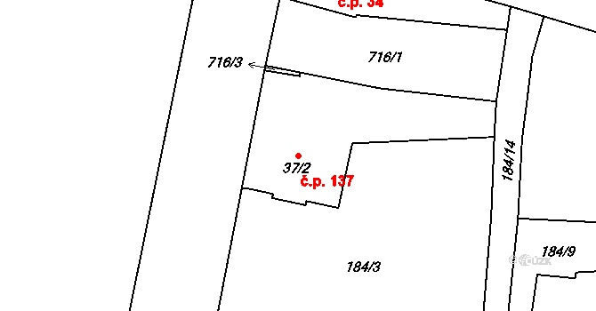 Březhrad 137, Hradec Králové na parcele st. 37/2 v KÚ Březhrad, Katastrální mapa