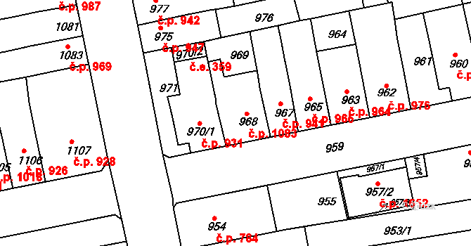 Šlapanice 1083 na parcele st. 968 v KÚ Šlapanice u Brna, Katastrální mapa