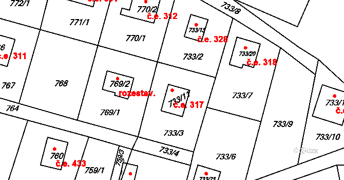 Horákov 317, Mokrá-Horákov na parcele st. 733/11 v KÚ Horákov, Katastrální mapa