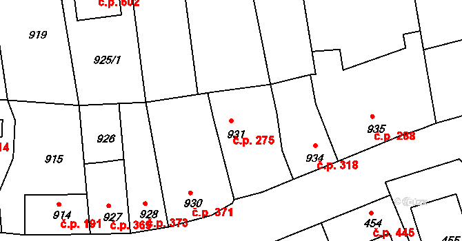 Týnec nad Labem 275 na parcele st. 931 v KÚ Týnec nad Labem, Katastrální mapa