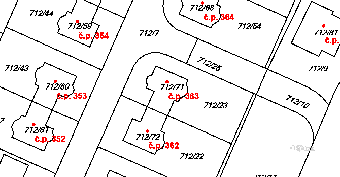 Koloděje 363, Praha na parcele st. 712/71 v KÚ Koloděje, Katastrální mapa