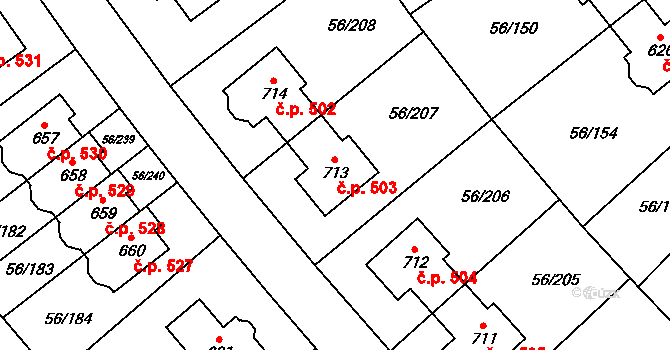 Hovorčovice 503 na parcele st. 713 v KÚ Hovorčovice, Katastrální mapa