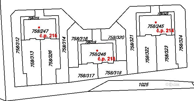 Blížejov 215 na parcele st. 758/246 v KÚ Blížejov, Katastrální mapa