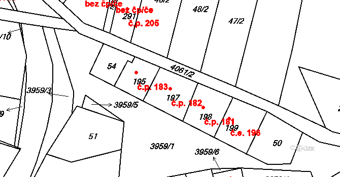 Mašťov 182 na parcele st. 197 v KÚ Mašťov, Katastrální mapa