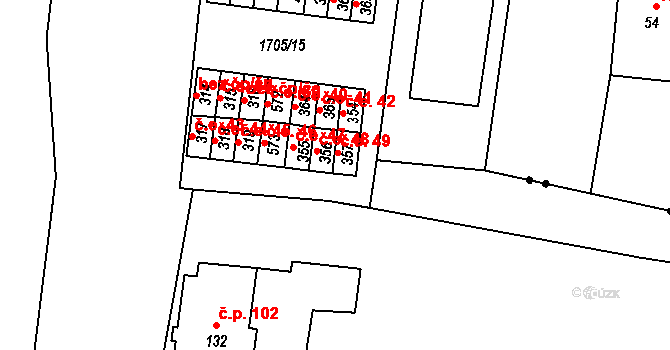 Dobronín 49 na parcele st. 357 v KÚ Dobronín, Katastrální mapa