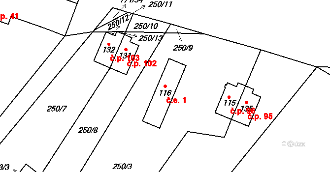 Maleč 1 na parcele st. 116 v KÚ Maleč u Chotěboře, Katastrální mapa
