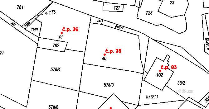 Rudolec 35 na parcele st. 40 v KÚ Rudolec, Katastrální mapa