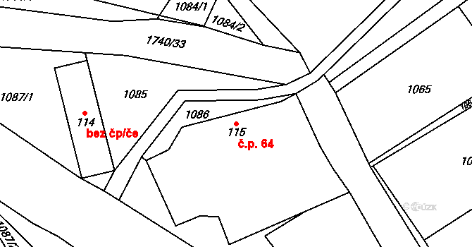 Březůvky 64 na parcele st. 115 v KÚ Březůvky, Katastrální mapa