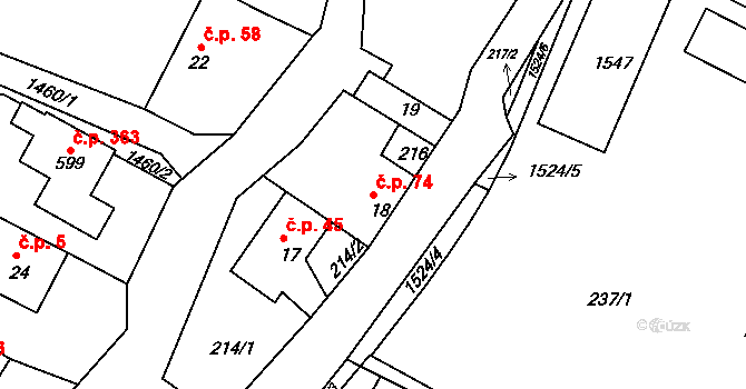 Mokré Lazce 74 na parcele st. 18 v KÚ Mokré Lazce, Katastrální mapa