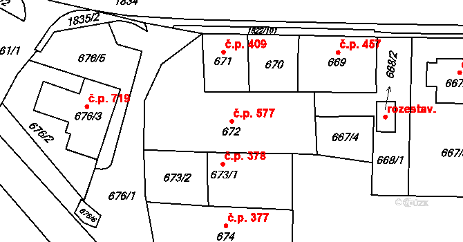 Drnovice 577 na parcele st. 672 v KÚ Drnovice u Vyškova, Katastrální mapa