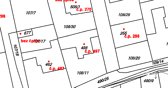Rudná 497 na parcele st. 498 v KÚ Dušníky u Rudné, Katastrální mapa