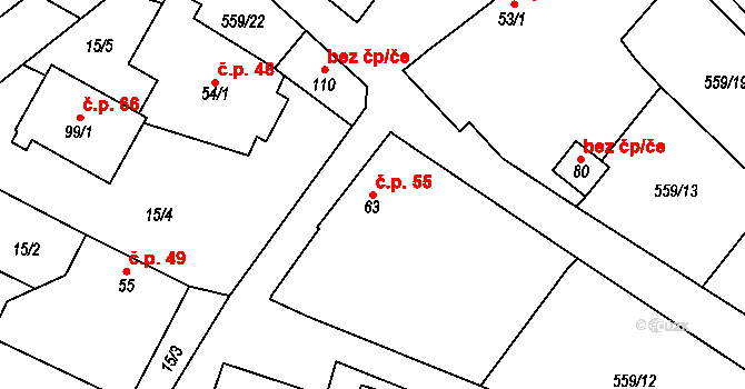 Mlýny 55 na parcele st. 63 v KÚ Mlýny u Choustníku, Katastrální mapa