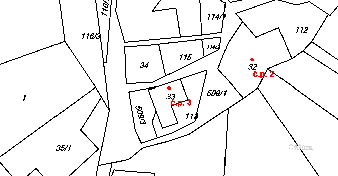 Pivonín 3, Zábřeh na parcele st. 33 v KÚ Pivonín, Katastrální mapa