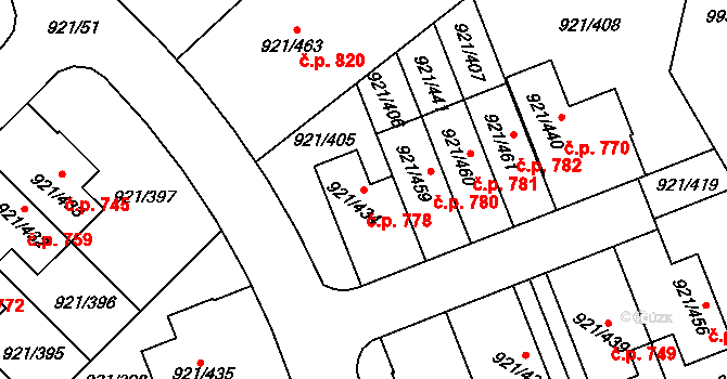 Hostavice 778, Praha na parcele st. 921/434 v KÚ Hostavice, Katastrální mapa