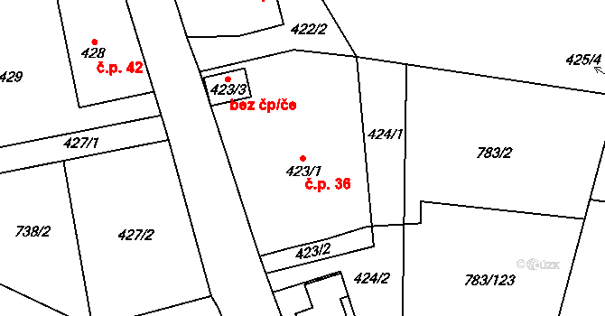 Senec 36, Zruč-Senec na parcele st. 423/1 v KÚ Senec u Plzně, Katastrální mapa