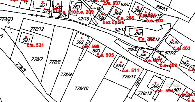 Šťáhlavy 505 na parcele st. 593 v KÚ Šťáhlavy, Katastrální mapa