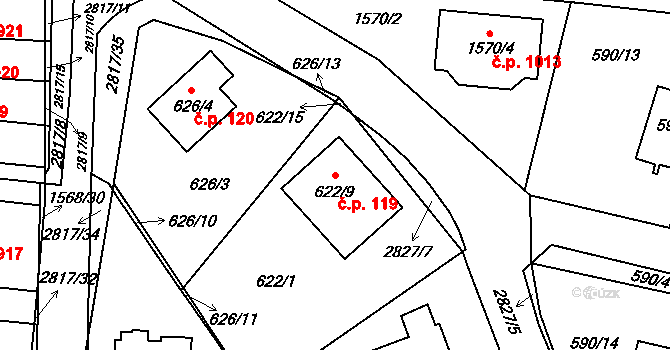 Dobruška 119 na parcele st. 622/9 v KÚ Dobruška, Katastrální mapa