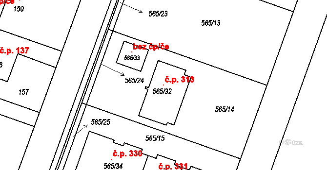 Střítež 313 na parcele st. 565/32 v KÚ Střítež, Katastrální mapa