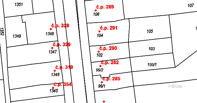 Plumlov 290 na parcele st. 102 v KÚ Plumlov, Katastrální mapa