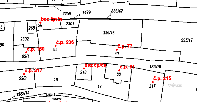 Vranov nad Dyjí 77 na parcele st. 90 v KÚ Vranov nad Dyjí, Katastrální mapa