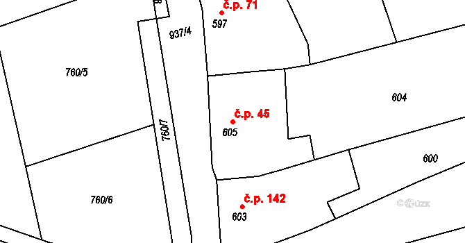 Přerov VII-Čekyně 45, Přerov na parcele st. 605 v KÚ Čekyně, Katastrální mapa