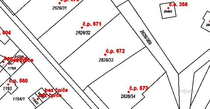 Doksy 672 na parcele st. 2626/33 v KÚ Doksy u Máchova jezera, Katastrální mapa
