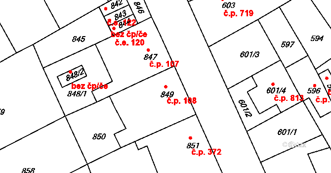 Ivanovice na Hané 108 na parcele st. 849 v KÚ Ivanovice na Hané, Katastrální mapa