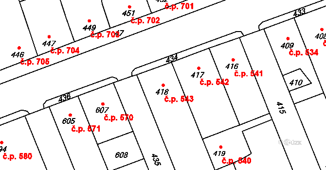 Dubí 543, Kladno na parcele st. 418 v KÚ Dubí u Kladna, Katastrální mapa