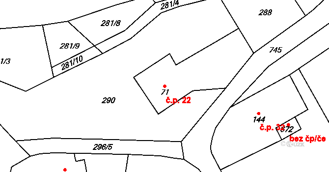 Javorník 22, Čtyřkoly na parcele st. 71 v KÚ Čtyřkoly, Katastrální mapa