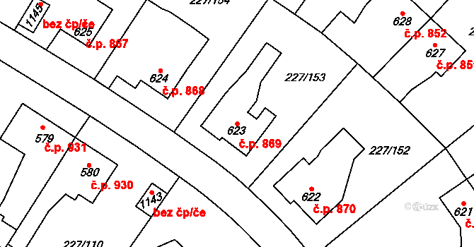 Švermov 869, Kladno na parcele st. 623 v KÚ Hnidousy, Katastrální mapa