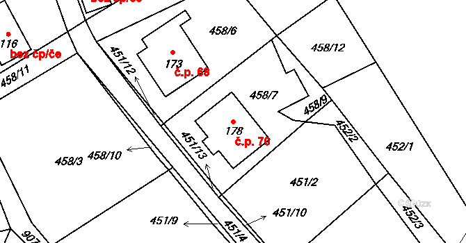 Olešnice 70 na parcele st. 178 v KÚ Olešnice u Turnova, Katastrální mapa
