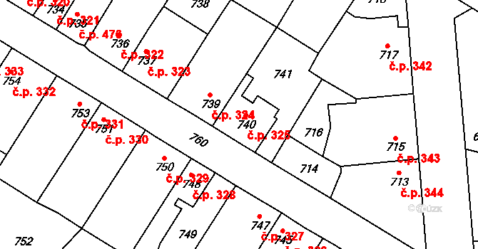 Kosmonosy 325 na parcele st. 740 v KÚ Kosmonosy, Katastrální mapa