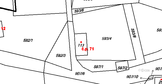 Veselá 71, Zašová na parcele st. 113 v KÚ Veselá u Valašského Meziříčí, Katastrální mapa