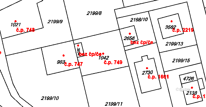 Rožnov pod Radhoštěm 749 na parcele st. 1042 v KÚ Rožnov pod Radhoštěm, Katastrální mapa