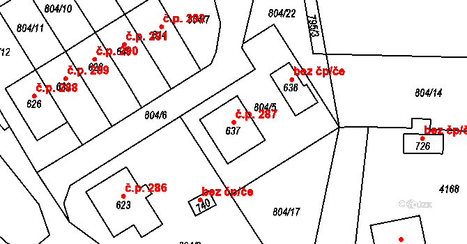 Třebařov 287 na parcele st. 637 v KÚ Třebařov, Katastrální mapa