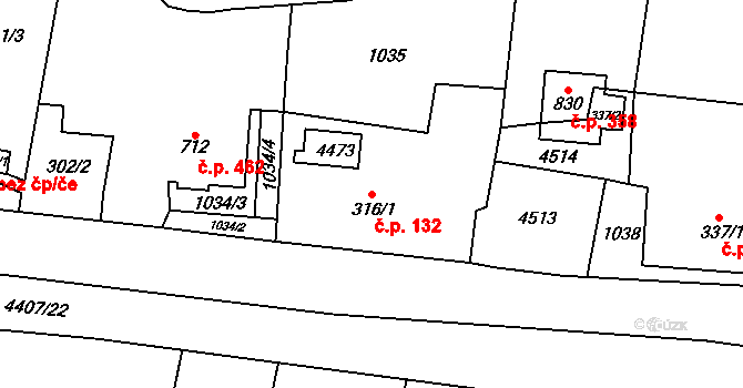 Heřmanovice 132 na parcele st. 316/1 v KÚ Heřmanovice, Katastrální mapa