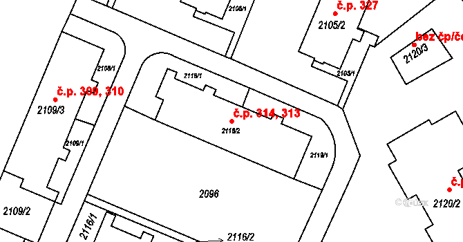 Jablůnka 313,314 na parcele st. 2118/2 v KÚ Jablůnka, Katastrální mapa