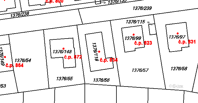 Řeporyje 834, Praha na parcele st. 1376/118 v KÚ Řeporyje, Katastrální mapa