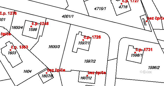 Modřany 1726, Praha na parcele st. 1597/1 v KÚ Modřany, Katastrální mapa