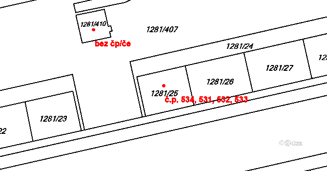 Vokovice 531,532,533,534, Praha na parcele st. 1281/25 v KÚ Vokovice, Katastrální mapa