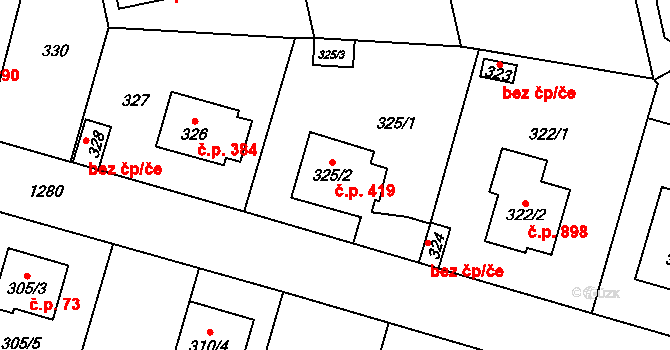 Nebušice 419, Praha na parcele st. 325/2 v KÚ Nebušice, Katastrální mapa