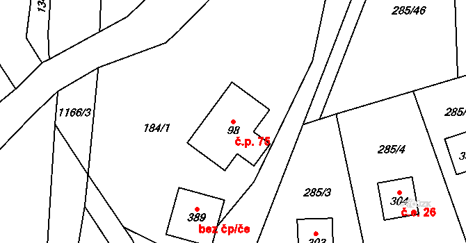 Čistá v Krkonoších 75, Černý Důl na parcele st. 98 v KÚ Čistá v Krkonoších, Katastrální mapa
