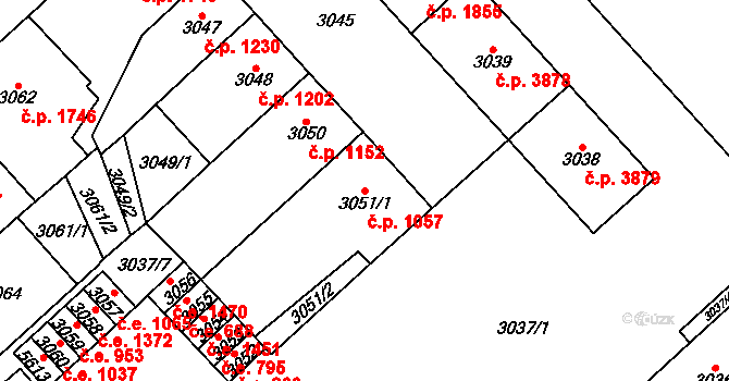 Chomutov 1057 na parcele st. 3051/1 v KÚ Chomutov I, Katastrální mapa