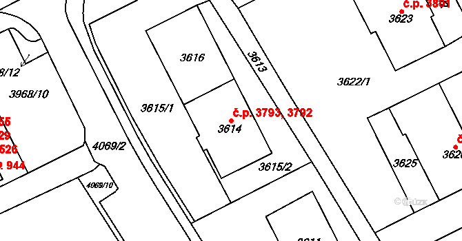 Chomutov 3792,3793 na parcele st. 3614 v KÚ Chomutov I, Katastrální mapa