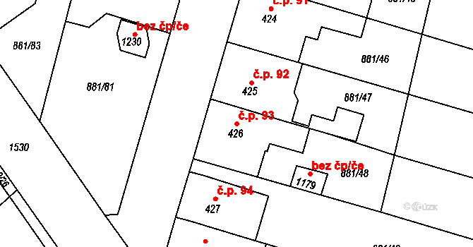 Plácky 93, Hradec Králové na parcele st. 426 v KÚ Plácky, Katastrální mapa