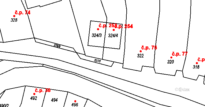Kovalovice 75 na parcele st. 325/4 v KÚ Kovalovice, Katastrální mapa