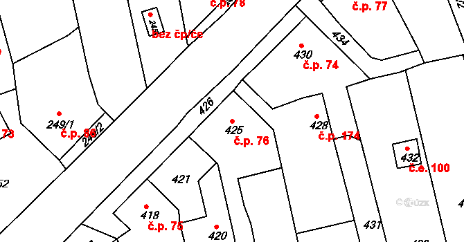Řícmanice 76 na parcele st. 425 v KÚ Řícmanice, Katastrální mapa