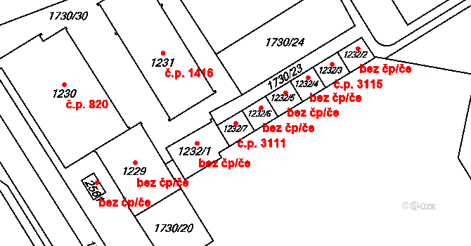 Uničov 3111 na parcele st. 1232/7 v KÚ Uničov, Katastrální mapa