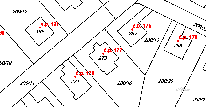 Katusice 177 na parcele st. 273 v KÚ Katusice, Katastrální mapa